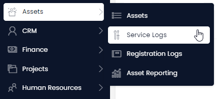 A screenshot of the user navigating to a list page using the sidebar. In this example, the user has selected the &quot;Assets&quot; folder and then the &quot;Service Logs&quot; page. Both menu items that have been selected contain a white background. The Assets folder contains an icon of a box with confetti coming out of it. This folder opens a sidepanel that contains several page items. The user&#39;s mouse is hovering over the &quot;Service Logs&quot; page, which has an icon of a wrench and a screwdriver.